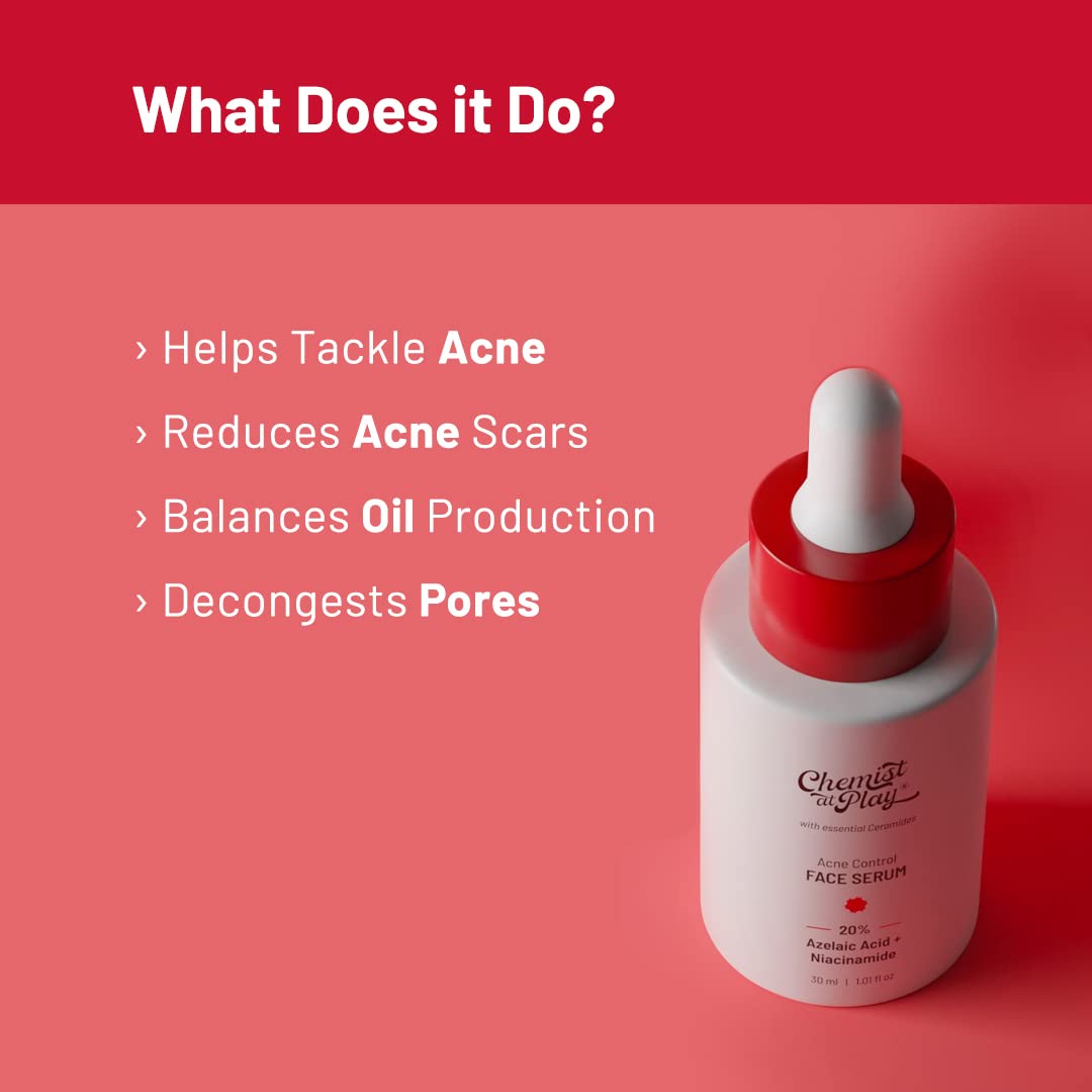 Chemist at Play Acne Control Face Serum with 10% Azelaic Acid, 10% Niacinamide and Ceramides, Fades Acne Scars, Controls Breakouts and Oil Production Suitable for Women and Men, 10 ml