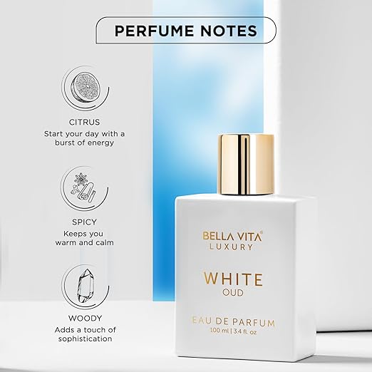 BELLAVITA White Oud Unisex | Long Lasting Perfume for Man and Woman | EDP 100ml | Perfect Father's Day Gift for Dad | Orange, Patchouli, Musk | Oud, Citrus, Spicy Premium Fragrance Perfume for Men & Women | Great for Everyday Use
