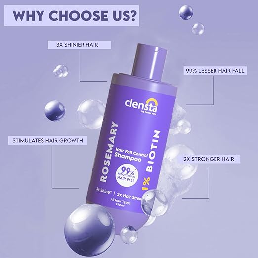 Clensta Rosemary Hair Fall Control Shampoo with Biotin for Reducing Hair Loss, Breakage & Daily use |All Hair Types | Men & Women | Sulfate & Paraben Free 250ml