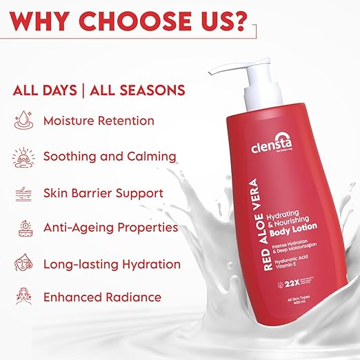 Clensta Red Aloe Vera Hydrating & Nourishing Body Lotion For Women & Men | With Hyaluronic Acid & Vitamin E for Skin Hydration and Nourishment | Daily Use | For All Skin Types | 400ml | NEW LAUNCH