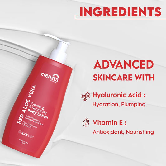 Clensta Red Aloe Vera Hydrating & Nourishing Body Lotion For Women & Men | With Hyaluronic Acid & Vitamin E for Skin Hydration and Nourishment | Daily Use | For All Skin Types | 400ml | NEW LAUNCH