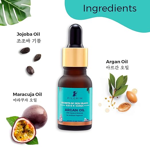 Pilgrim Pure Argan Oil with Jojoba Oil & Maracuja Oil for Healthy Hair, Face, Nails & Skin | Korean Skin Care Products | 100% Safe on All Skin & Hair Types | No Sulphate, Paraben | 15ml