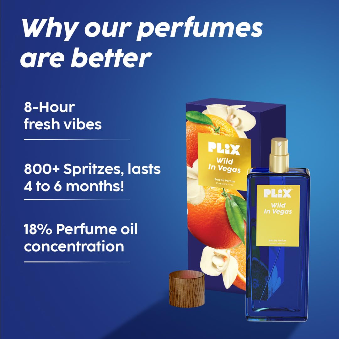 PLIX - THE PLANT FIX Wild In Vegas Perfume (100Ml), Long Lasting & Premium Parfum, Fresh Fragrance, Mandarin, Gardenia, Sandalwood, Citrusy & Floral - Aerosol For Unisex