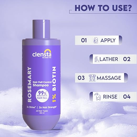 Clensta Rosemary Hair Fall Control Shampoo with Biotin for Reducing Hair Loss, Breakage & Daily use |All Hair Types | Men & Women | Sulfate & Paraben Free 250ml