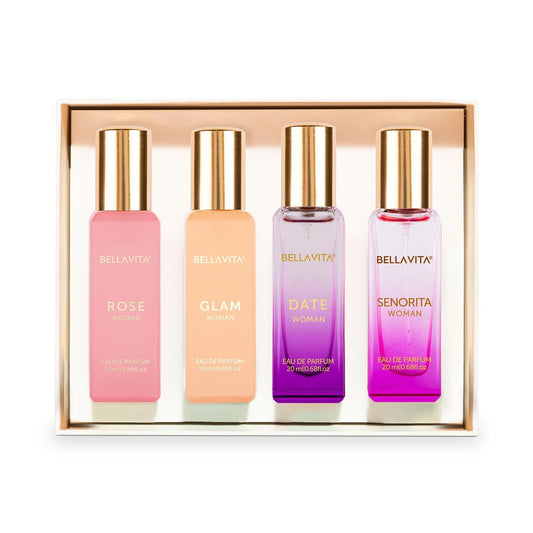 Bella Vita Luxury Long Lasting Perfume Gift Set for Woman | 4x20ml | Gifts for Women | Floral, Fruity, Premium Fragrance Scent | Date, Senorita, Glam, Rose