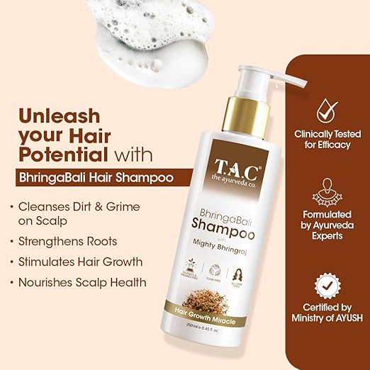 TAC - The Ayurveda Co. Bhringabali Hair Shampoo - Natural, Ayurvedic Formula with Bhringraj Oil for Hair fall & Dandruff Control - Women & Men, Sulphate & Paraben-Free, 250ml