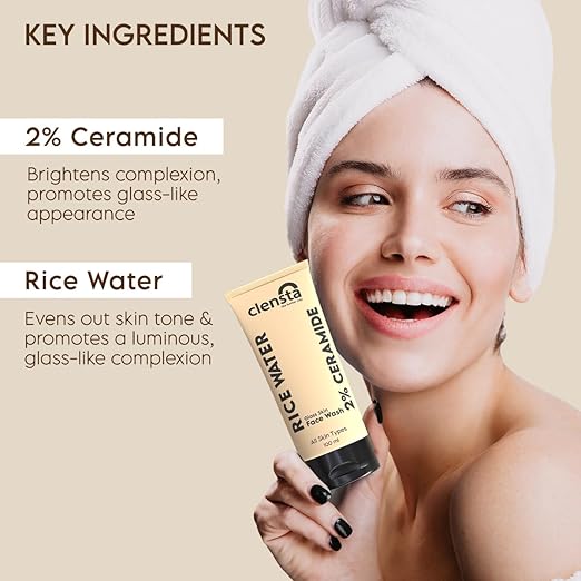 Clensta Rice Water Face Wash With Rice Water & 2% Ceramide for Glass Skin | All Skin Type | Women & Men | 100ml