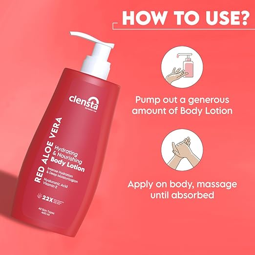 Clensta Red Aloe Vera Hydrating & Nourishing Body Lotion For Women & Men | With Hyaluronic Acid & Vitamin E for Skin Hydration and Nourishment | Daily Use | For All Skin Types | 400ml | NEW LAUNCH