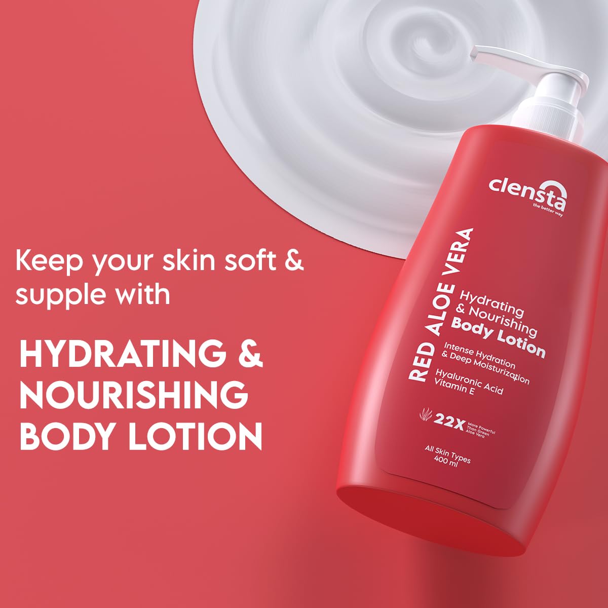 Clensta Red Aloe Vera Hydrating & Nourishing Body Lotion For Women & Men | With Hyaluronic Acid & Vitamin E for Skin Hydration and Nourishment | Daily Use | For All Skin Types | 400ml | NEW LAUNCH