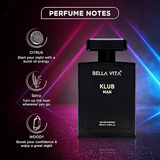 Bella Vita Luxury KLUB | Long Lasting Eau De Parfum 100ml Perfume for Man | Lemon, Rose and Vanilla | Musky, Spicy and Woody Premium Fragrance for Men