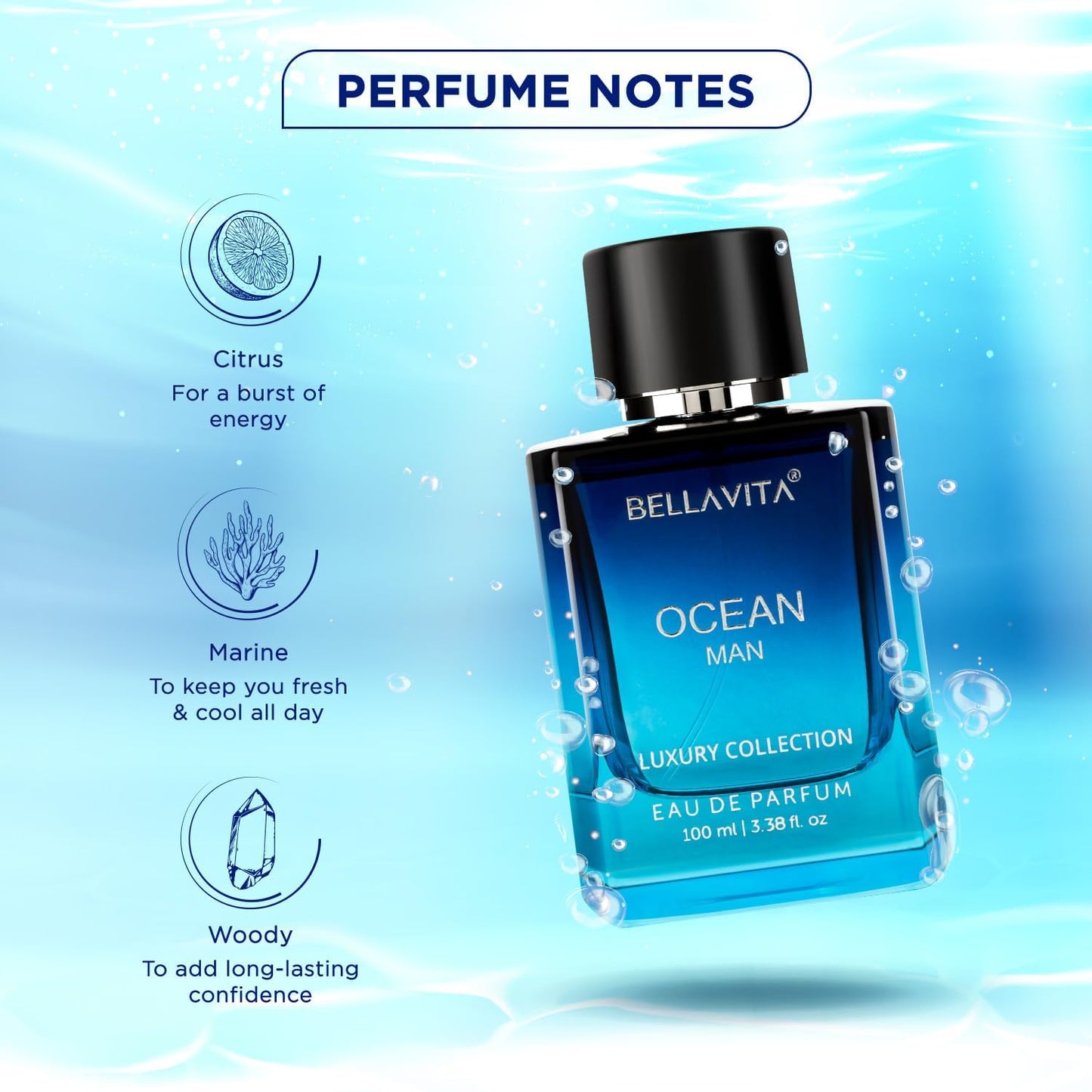 Bella Vita Luxury Men Ocean Aquatic Eau De Parfum With Marine, Orchid & Musk|Long Lasting Fresh Citrusy & Woody Edp Fragrance Scent Liquid Perfume,100 Ml