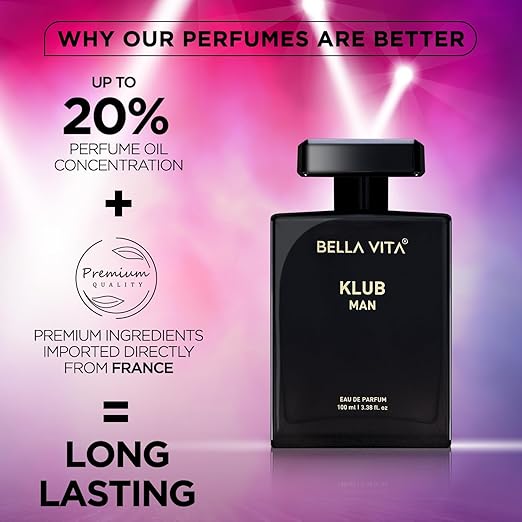 Bella Vita Luxury KLUB | Long Lasting Eau De Parfum 100ml Perfume for Man | Lemon, Rose and Vanilla | Musky, Spicy and Woody Premium Fragrance for Men