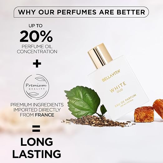 BELLAVITA White Oud Unisex | Long Lasting Perfume for Man and Woman | EDP 100ml | Perfect Father's Day Gift for Dad | Orange, Patchouli, Musk | Oud, Citrus, Spicy Premium Fragrance Perfume for Men & Women | Great for Everyday Use