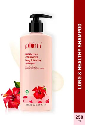 Plum Hibiscus & Ceramides Long & Healthy Shampoo | Hydrates & Conditions Hair, Prevents Split Ends |Contains Hibiscus Extracts, Ceramides | SLS & Paraben Free| 100% Vegan | 250ml