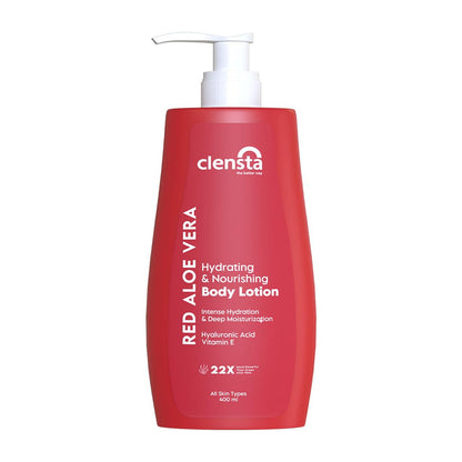 Clensta Red Aloe Vera Hydrating & Nourishing Body Lotion For Women & Men | With Hyaluronic Acid & Vitamin E for Skin Hydration and Nourishment | Daily Use | For All Skin Types | 400ml | NEW LAUNCH