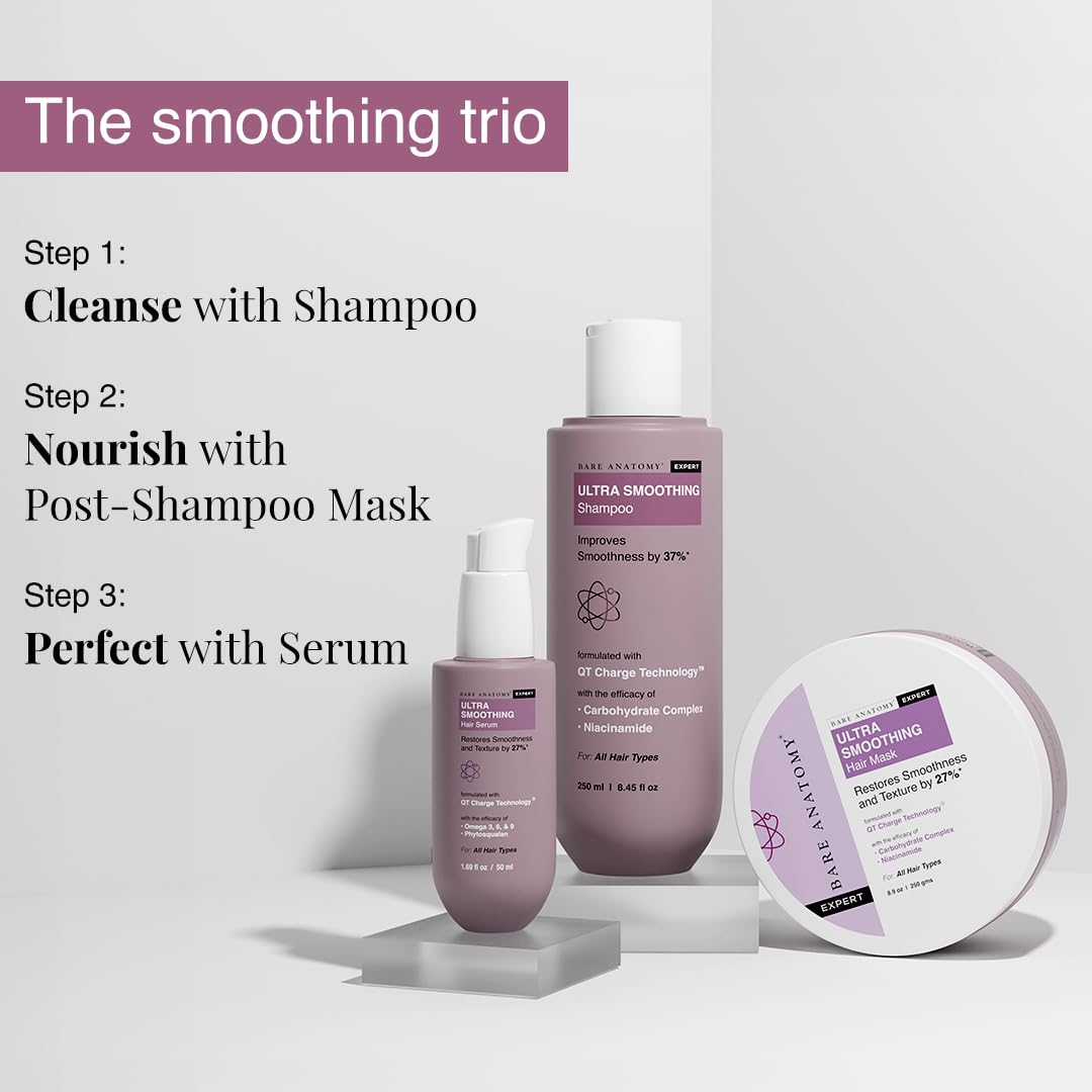 Bare Anatomy Ultra Smoothing Shampoo for Dry and Frizzy Hair | Restores Smoothing & Texture by 37% | Powered By Carbohydrate Complex & Niacinamide | SLS & Paraben Free | Vegan | For Men & Women -250ml