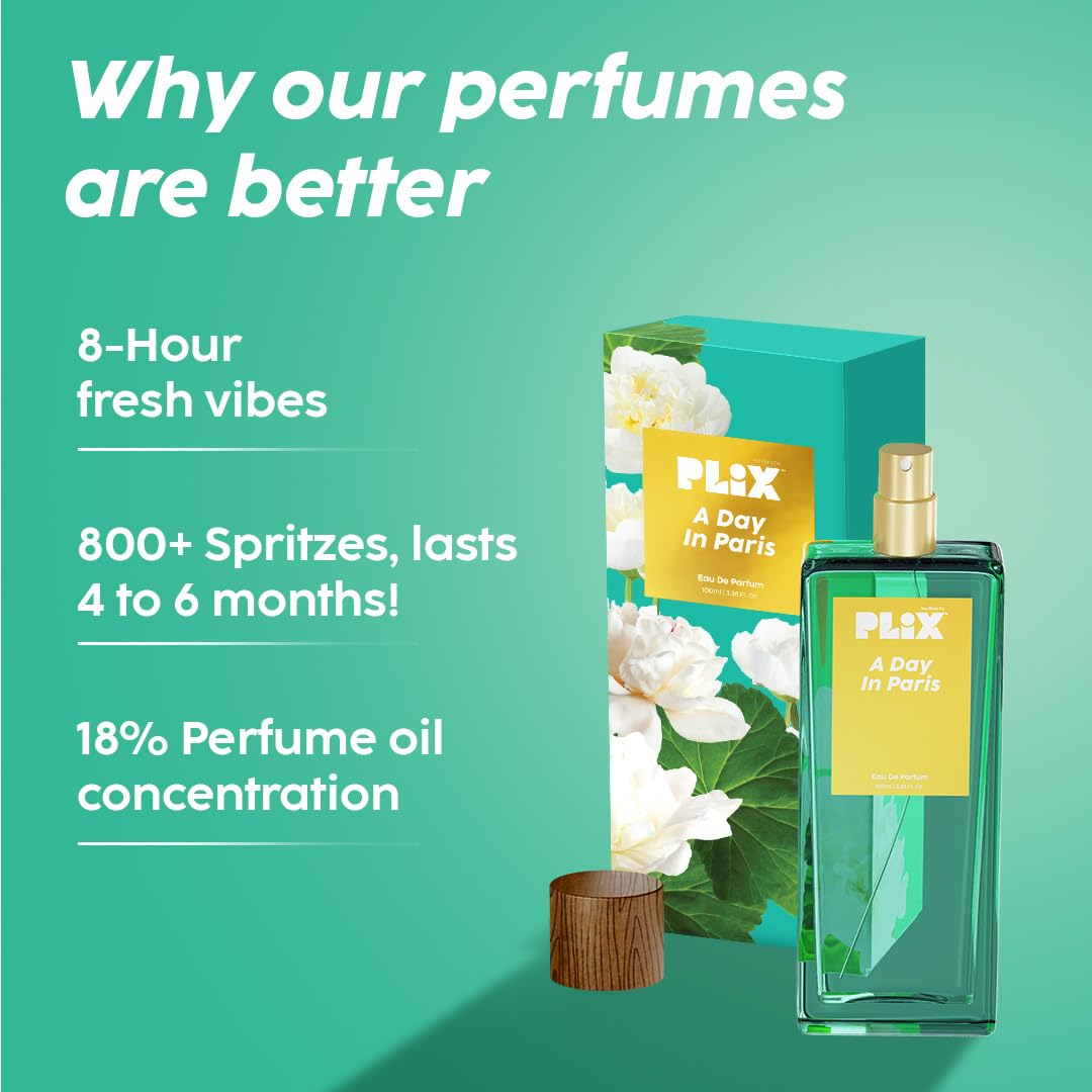 PLIX - THE PLANT FIX Day In Paris Perfume (100Ml) For Everyday Use | Long Lasting & Premium Parfum,Fresh Fragrance | Geranium,Peony,& Vanilla | Floral | For All Occasions - Women, Men, Girls,Aerosol