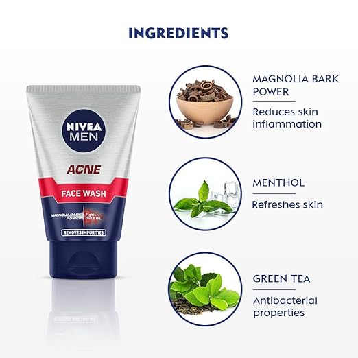 NIVEA Men Acne Face Wash | With Magnolia Bark Extracts for 12Hr Oil Control | Fights Dirt | For Oily Skin 100gm