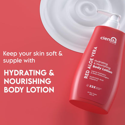 Clensta Red Aloe Vera Hydrating & Nourishing Body Lotion For Women & Men | With Hyaluronic Acid & Vitamin E for Skin Hydration and Nourishment | Daily Use | For All Skin Types | 400ml | NEW LAUNCH