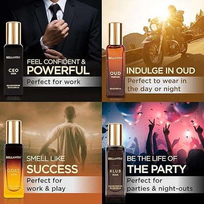 Bella Vita Luxury Long Lasting Perfume Gift Set for Man | 4x20ml | Gifts for Men | Woody, Citrusy, Oud, Premium Fragrance Scent | KLUB, OUD, CEO, G.O.A.T