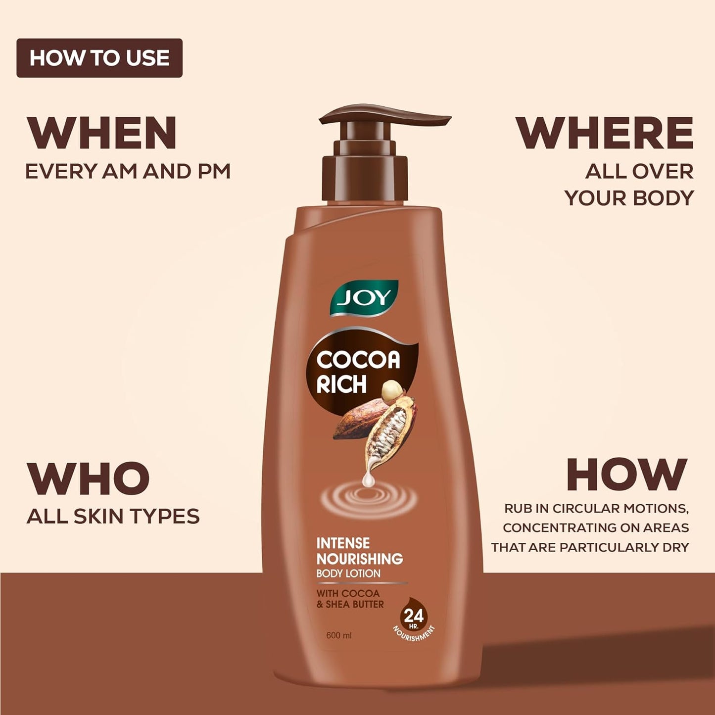 Joy Cocoa Rich Intense Nourishing Body Lotion (400ml) | 24 Hour Nourishment | With Shea Butter & Cocoa Butter | Suitable for Normal to Dry Skin | Non Sticky & Non Greasy Lightweight Body Lotion