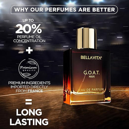 Bella Vita Luxury G.O.A.T Long Lasting Perfume for Man | Eau De Parfum 100ml | Bergamot, Patchouli & Vetiver | Spicy, Citrus, Woody, Musky Premium Fragrance for Men