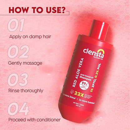 Clensta Red Aloe Vera Anti-Dandruff Shampoo With Zpto & Red Aloe Vera For Reduces Dandruff, Itching And Irritation Daily Use |All Hair Types | Men & Women | Sulfate & Paraben Free 250ml