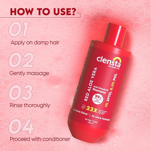 Clensta Red Aloe Vera Anti-Dandruff Shampoo With Zpto & Red Aloe Vera For Reduces Dandruff, Itching And Irritation Daily Use |All Hair Types | Men & Women | Sulfate & Paraben Free 250ml