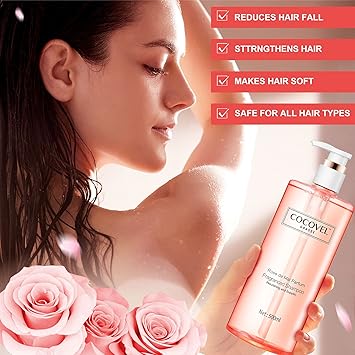 COCOVEL Rose De Mai Parfum Fragranced Shampoo with Natural Rose Extract for Dry and Damaged Hair, Make Hair Looking Fuller, Moisturised And Shiny, Provides Deep Conditioning & Strength, 500ML