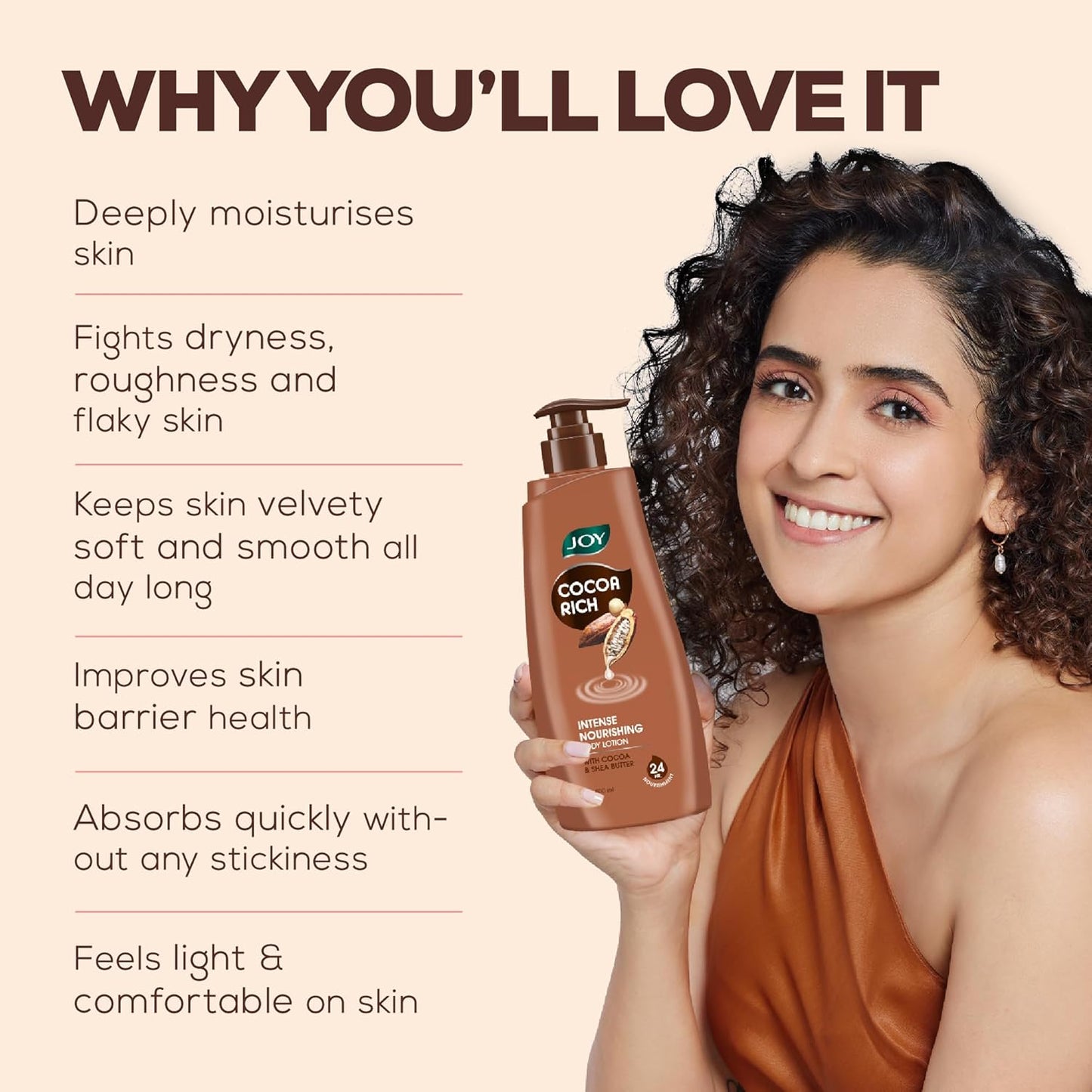 Joy Cocoa Rich Intense Nourishing Body Lotion (400ml) | 24 Hour Nourishment | With Shea Butter & Cocoa Butter | Suitable for Normal to Dry Skin | Non Sticky & Non Greasy Lightweight Body Lotion